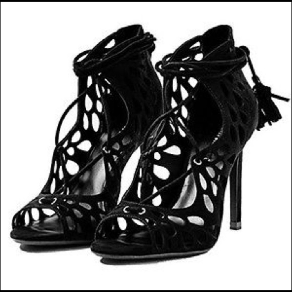 Zara black openwork wraparound lace up high heel sandals